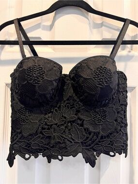 Inside Women Collection Black Lace Corset Crop Top M Underwire Bustier Boning